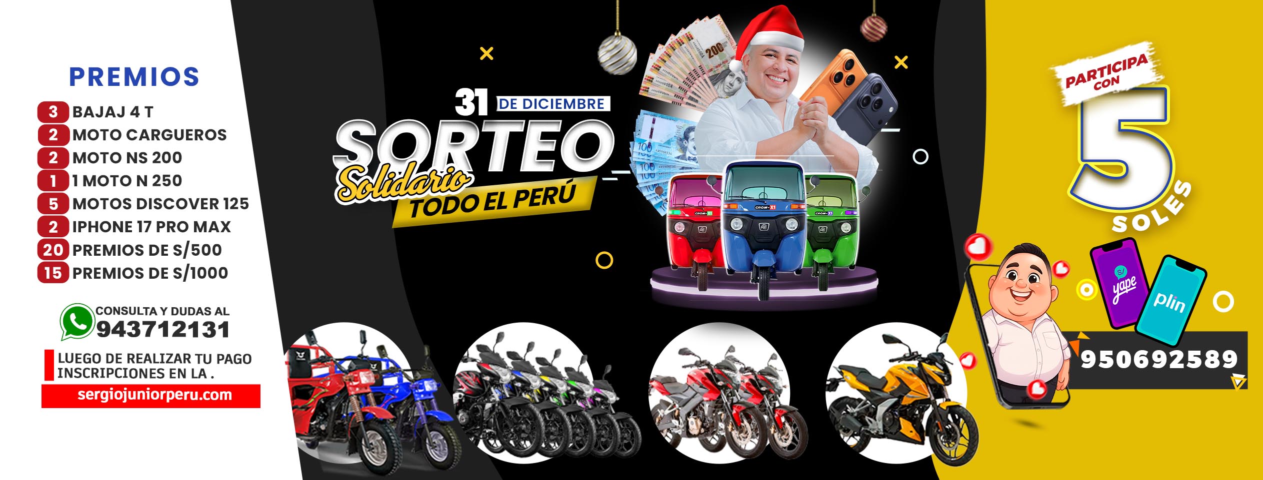 Portada del sorteo con premios, tricimotos, motos y ofertas